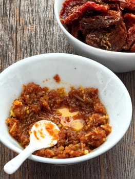 close up of rustic italian sicilian pesto sauce