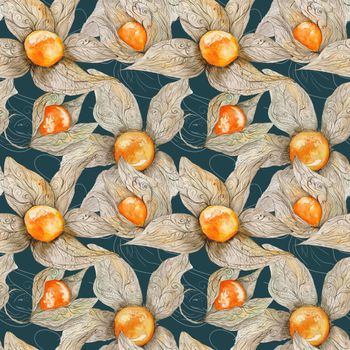 Colored aquarelle seamless texture with bright orange berries and pastel ornamental leafs on turquoise background for menu, kitchen, cafe design