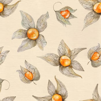 Kitchen cafe print in pastel colors with hand-painted orange berries, great for textile and wallpaper design