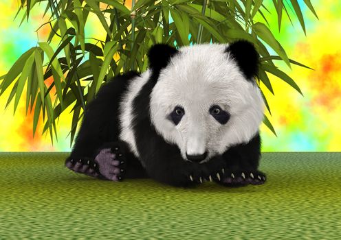 3D digital render of a cute panda bear cub ion a green bamboo and colourful sky background