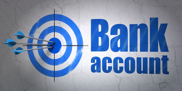 Success money concept: arrows hitting the center of target, Blue Bank Account on wall background