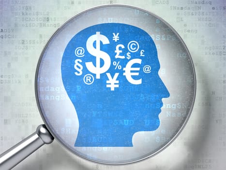 Finance concept: magnifying optical glass with Head With Finance Symbol icon on digital background