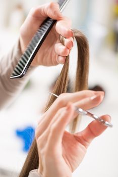 Hairdresser cut hair of a woman.