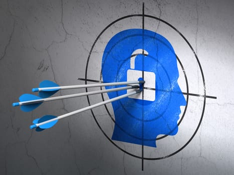 Success business concept: arrows hitting the center of Blue Head With Padlock target on wall background