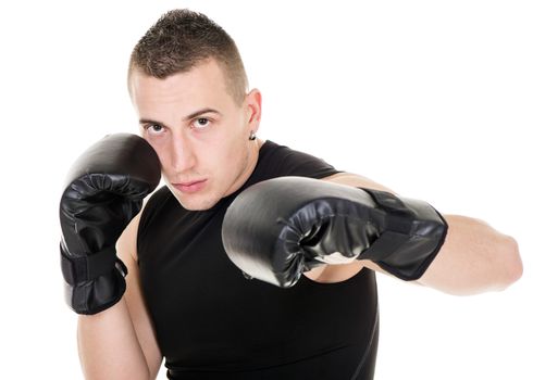 Portrait of Young boxing men is giving a croshe punch.