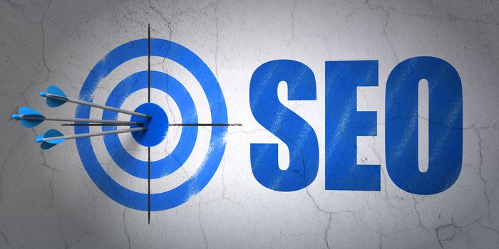 Success web development concept: arrows hitting the center of target, Blue SEO on wall background