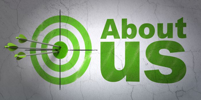 Success advertising concept: arrows hitting the center of target, Green About Us on wall background