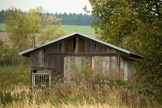 house made by wood near the pond in overcast autumn weather