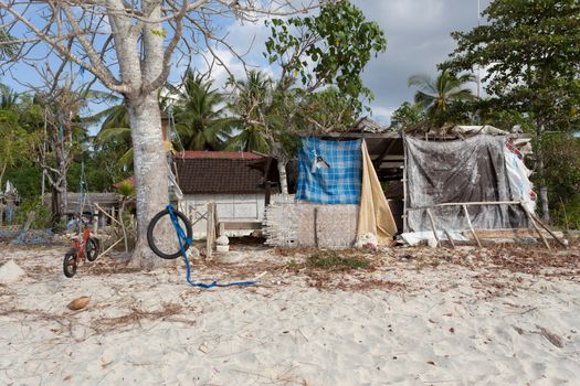 poor huts of the natives, traditional indonesian poor house - shack on beach, Nusa Penida Island, Toyapakeh. Bali.