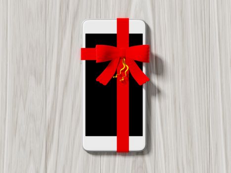 smartphone wrapped with color ribbon, on color wooden background