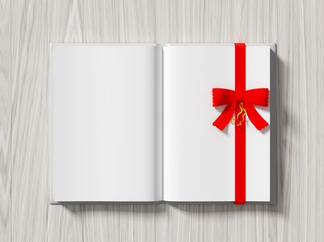 Book wrapped with color ribbon, on color wooden background