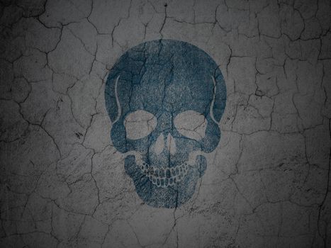 Medicine concept: Blue Scull on grunge textured concrete wall background