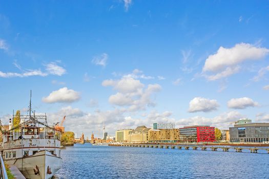 Berlin, Germany - October 29, 2013: Skyline of Berlin with view of the TV Tower at Alexanderplatz square and Bridge Oberbaumbruecke