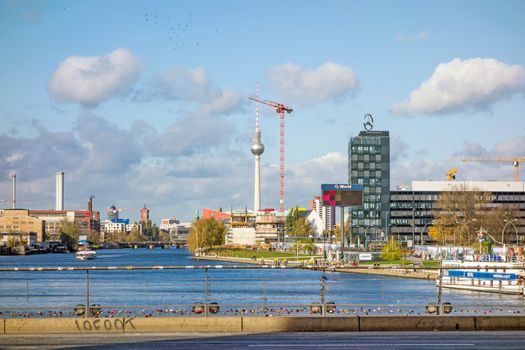 Berlin, Germany - October 29, 2013: Skyline of Berlin with view of the TV Tower at Alexanderplatz square and Bridge Oberbaumbruecke