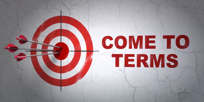 Success law concept: arrows hitting the center of target, Red Come To Terms on wall background