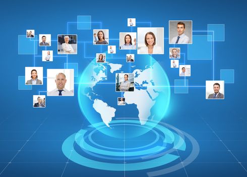 business, people, social network and head hunting concept - pictures of businesspeople over world map and blue background