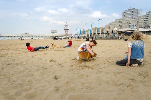 The Hague, Netherlands - May 8, 2015: Children playing at the beach, Scheveningen district in The Hague, Netherlands. Scheveningen is a modern seaside resort with a long sandy beach, an esplanade, a pier, and a lighthouse.