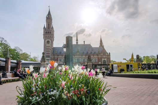 The Hague, Netherlands - May 8, 2015: Reporters at The Peace Palace in The Hague, Netherlands. It is often called the seat of international law because it houses the International Court of Justice.