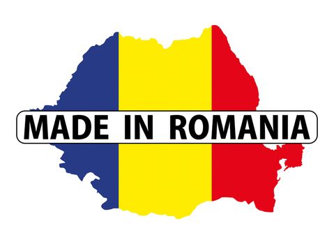 made in romania country national flag map shape with text