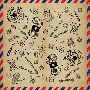 sewing doodle hand drawn illustration vintage airmail