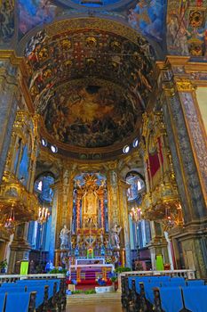 Parma,Italy, 25 september 2015. Basilica of Santa Maria della Steccata is a Greek-cross design Renaissance church in central Parma, Italy,one of the most important architectural examples of the city.Was built between 1521 and 1539 to preserve a miraculous image of the Virgin (center photo) and child.The interior was decorated by prominent artists,many of the fresco figures and decorations were painted or planned by Parmigianino.