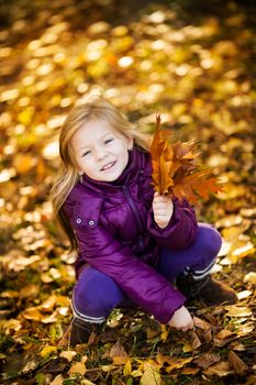 Cute Little girl in the park crouching with yellow leaves