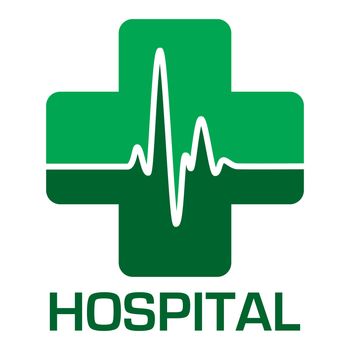 Illustrated hospital icon in green with heart beat