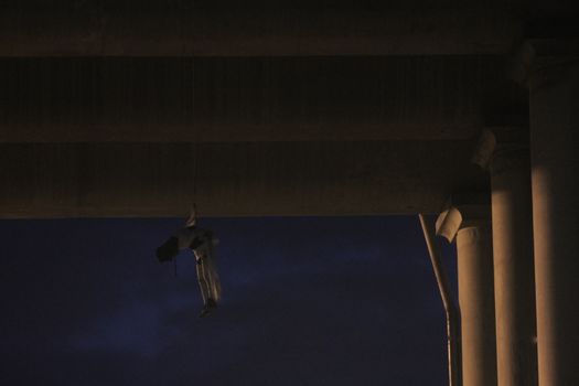 [Warning: graphic content]MEXICO, Iztapalapa: A dead man hangs from the Puente La Concordia, a bridge in Iztapalapa, Federal District, Mexico City, Mexico on October 19, 2015. The victim, reportedly close to age 30, was found with his head and body wrapped, and showed signs of torture when he was discovered around 4am local time. While the man's death is still being investigated, Iztapalapa has been listed among the most dangerous neighborhoods in the world.
