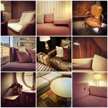 Different styles of furnished interiors. Collage of nine photos.