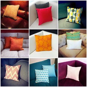 Colorful cushions decorating sofas. Interior design. Collage of nine photos.