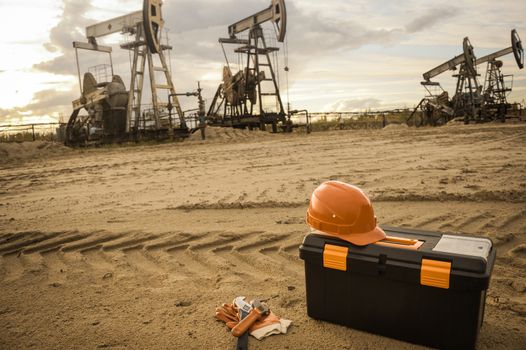 Equipment and tool box on a industrial site background. Oil and gas industry. Small depth of field. Toned.