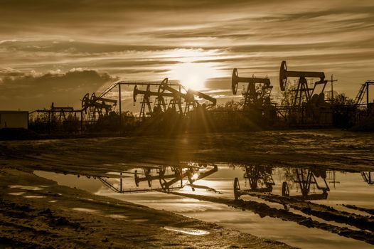 Oil pump jacks at sunset sky background. Toned.