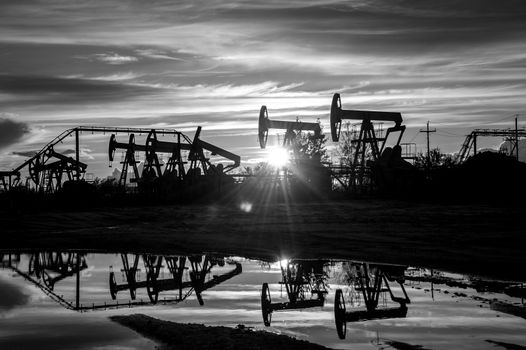 Oil pump jacks at sunset sky background. Black and white.
