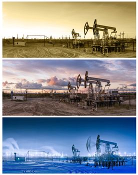 Oil and gas industry. Three panoramas of a pump jacks and oil refinery.