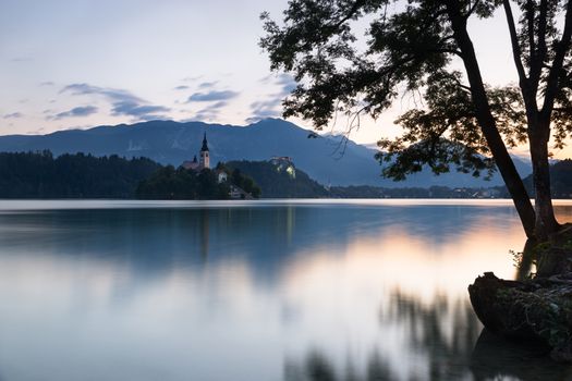 Bled island and castle at dawn, Slovenia