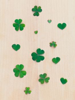 Closeup clovers leaves  setup on wooden background.