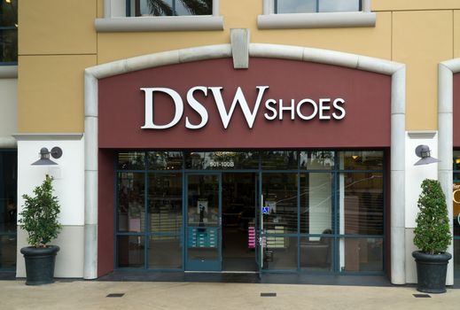 COSTA MESA, CA/USA - OCTOBER 17, 2015: DSW Shoes exterior. DSW Inc. is a speciality branded footwear retailer.