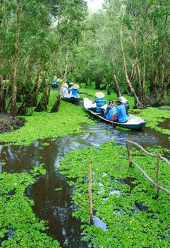 AN GIANG, VIET NAM- OCT 17: Group of traveler traveling nature landscape at Chau Doc, Mekong Delta, Tra Su indigo forest, crowded of people on row boat, make ecotourism, Angiang, Vietnam, Oct 17,2015
