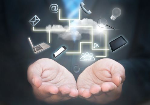 Business man holding a social media technology cloud 