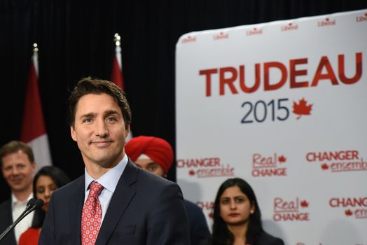 CANADA, Brampton : Liberal Leader Justin Trudeau attended an election rally in the city of Brampton near Toronto, Canada on 4th October 2015. Justin Trudeau will become the next Prime Minister of Canada after the Liberal Party captured majority government in Canada's federal elections.  