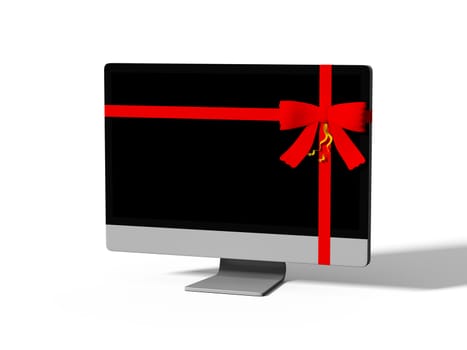 monitor wrapped with color ribbon, on white background