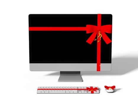 computer wrapped with color ribbon, on white background