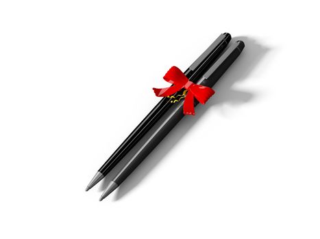 Pens wrapped with color ribbon, on white background