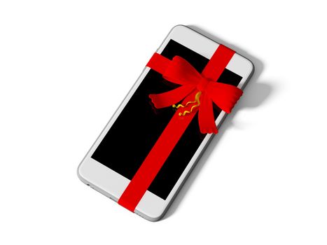 smartphone wrapped with color ribbon, on white background