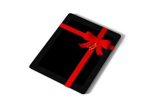 tablet wrapped with color ribbon, on white background