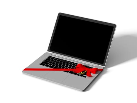 laptop wrapped with color ribbon, on white background