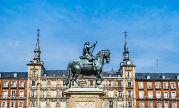Bottom view of the equestrian statue of Felipe III in Madrid, Spain