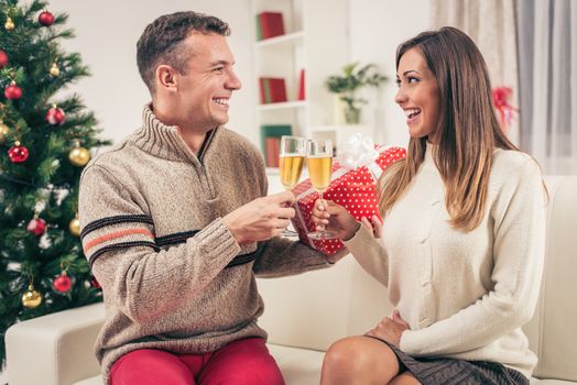 Romantic young couple toasting with champagne home interiors at christmas time.