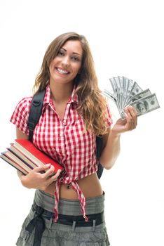 Happy beautiful teenage girl with money, textbooks and school bag. Looking at camera.