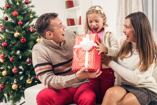 Cheerful Parent surprise their cute little girl with Present for Christmas or New Year. 